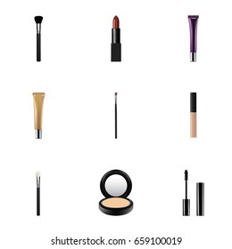 Realistic Blusher, Fashion Equipment, Eye Paintbrush And Other Vector Elements. Set Of Greasepaint Realistic Symbols Also Includes Face, Blush, Creme Objects.