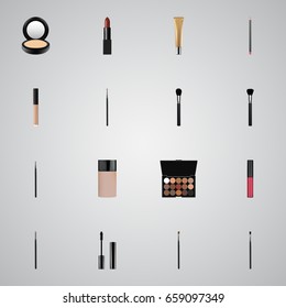 Realistic Blusher, Liquid Lipstick, Contour Style Kit And Other Vector Elements. Set Of Greasepaint Realistic Symbols Also Includes Cosmetic, Lipstick, Pencil Objects.