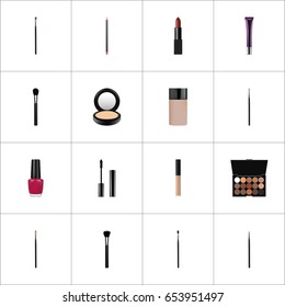Realistic Blusher, Pomade, Make-Up Product And Other Vector Elements. Set Of Greasepaint Realistic Symbols Also Includes Brush, Cream, Eyelashes Objects.