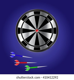 Realistic Board and colored Darts on a blue background. 3D vector illustration