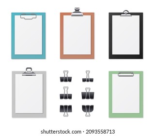 Realistic board tablets with blank white papers and clips. Clipboards for business or education presentation. Documents holder vector set. Illustration of blank board paper, business empty tablet