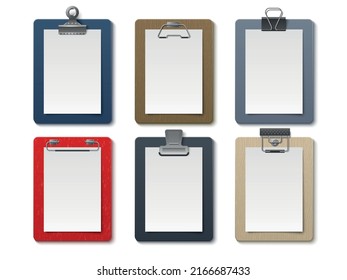 Realistic board tablets. Portable paper holder, different clipboards clamps, empty white sheets, various colors notebook, blank notepad pages. Simple pads mockup, utter vector isolated set