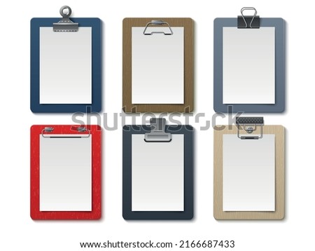 Realistic board tablets. Portable paper holder, different clipboards clamps, empty white sheets, various colors notebook, blank notepad pages. Simple pads mockup, utter vector isolated set
