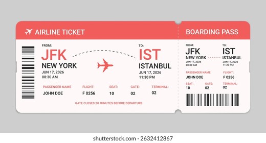 Realistic boarding pass plane ticket template. Flight boarding pass vector illustration. Blank airplane ticket isolated