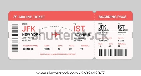 Realistic boarding pass plane ticket template. Flight boarding pass vector illustration. Blank airplane ticket isolated