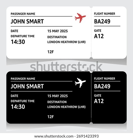 Realistic boarding pass ticket template in black and white versions. Editable flight ticket design with passenger info flight details gate seat. Perfect for travel apps