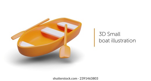 Realistic boat with oars in orange colors. 3d small boat on white background. Transport for swimming. Vector illustration in 3D style with shadow and place for text