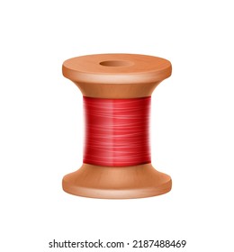 Realistic bobbin reel with red thread. 3d spool item. Tool for sewing and repairing clothes, dressmaking and needlework craft. Vector illustration