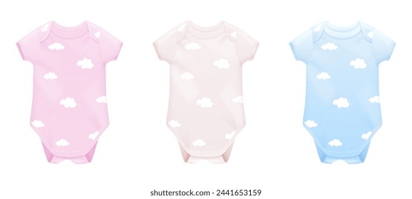 Realistic bodysuit. Baby onesies mockup, newborn romper infant bodysuits cotton pantie for sleep, white pink blue toddler underwear isolated onesie template 3d vector illustration