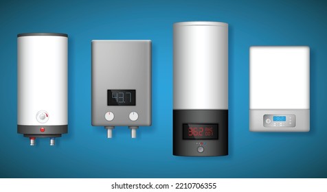 Realistic boiler set. Electric water heater for comfortable household isolated. Modern circle and squared convenience equipment with burner indicator temperature for bathroom. Vector illustration