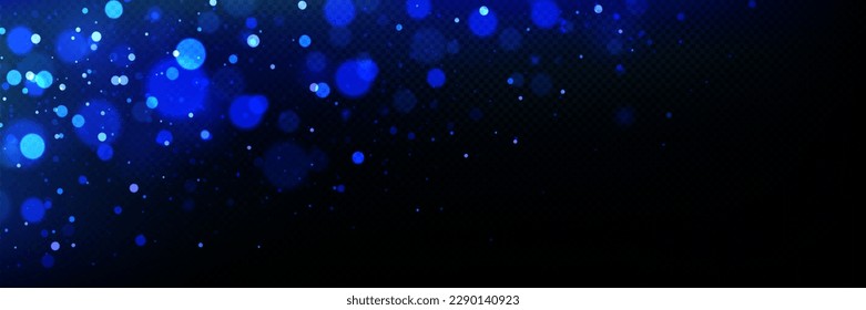 Realistic bokeh light effect border isolated on transparent background. Vector illustration blue sparkles glitter glowing on dark backdrop. Magic dust overlay for festive design, flare texture frame