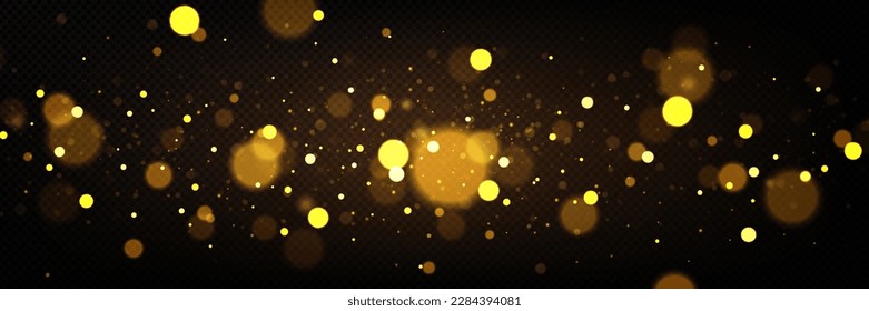 Realistic bokeh light effect isolated on transparent background. Vector illustration of golden sparkles glitter glowing on dark backdrop. Magic dust overlay for festive design, abstract flare texture