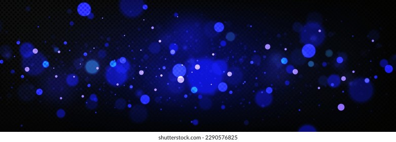 Realistic bokeh light effect isolated on transparent background. Vector illustration of blue sparkles glitter glowing on dark backdrop. Magic dust overlay for festive design, abstract flare texture