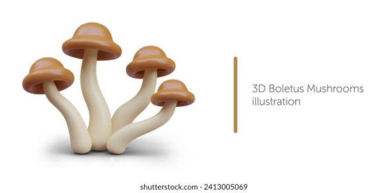 Realistic boletus mushrooms with brown caps. Armillaria, honey agaric. Isolated vector illustration. Concept of edible forest mushrooms. Images for botanical, culinary sites, applications