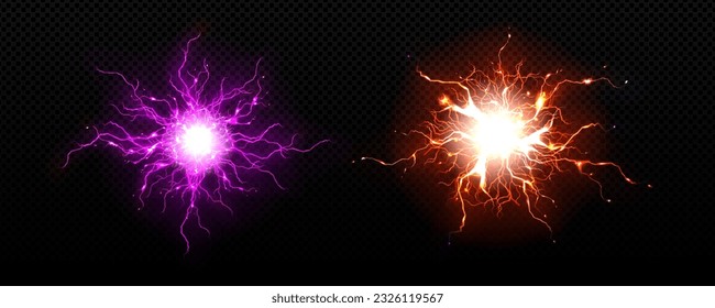 Realistic bolt circle with lightning explosion vector effect. Electric thunder power ball discharge. 3d isolated neon thunderstorm blast laser element. Transparent spark fireball hit illustration