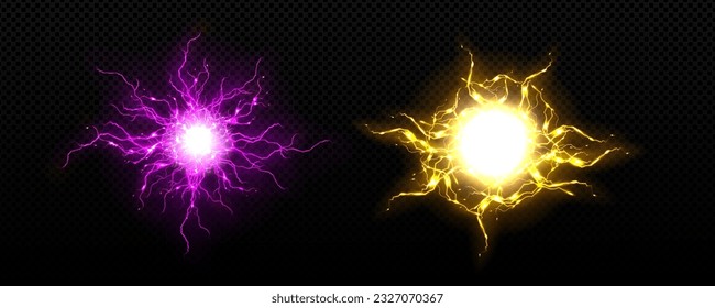 Realistic bolt circle with lightning explosion vector effect. Electric thunder power ball discharge. 3d isolated neon thunderstorm blast laser element. Transparent spark fireball hit illustration