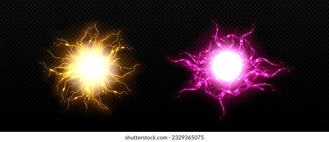 Realistic bolt circle with lightning explosion vector effect. Electric thunder power ball discharge. 3d isolated neon thunderstorm blast laser element. Transparent spark fireball hit illustration