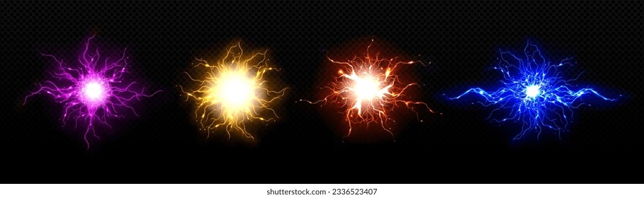 Realistic bolt circle with lightning explosion vector effect. Electric thunder power ball discharge. 3d isolated neon thunderstorm blast laser element. Transparent spark fireball hit illustration
