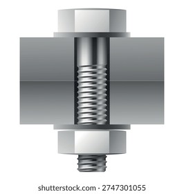 Realistic bolt connection of two metal plates. Using nut and washers for fixing iron surfaces. Construction hardware. Industrial metallic fastening. Stainless steel rivets. Vector repair metal object