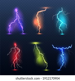 Realistic bolt. Electricity colored symbols danger glowing light electric lamp decent vector set