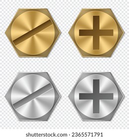 Realistic bolt heads. Golden and silver bolt heads. Gold and metal screw. Metallic hardware elements. Vector illustration