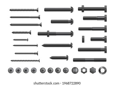 Realistic bolt, screw and nut collection. Metal nails, rivets heads with washers. Repair set, isolated fasteners for equipment tool and furniture. 3d vector illustration