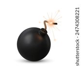 Realistic bomb with burning fuse emitting sparks and light, ready for explode. Isolated 3d vector explosive, spherical military tnt weapon with a lit wick creating a sense of imminent explosion