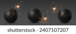 Realistic bomb with burning fuse. Isolated 3d vector explosive military tnt weapon, volatile device that poses imminent danger, set to detonate upon reaching the wick end, causing destruction or harm
