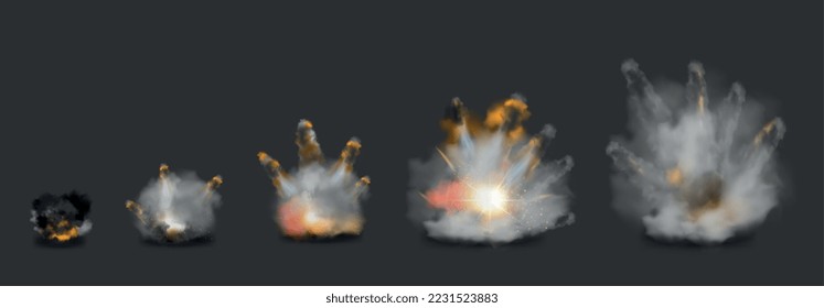 Realistic bomb explosion stages with fire smoke and sparkles isolated against dark background vector illustration