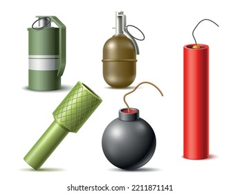 Realistic Bombs. Different Explosives Types, Hand Grenades With Check, Dynamite, Round Classic Bomb With Fuse, Mass Defeat Weapon, Explosive Military 3d Elements, Utter Vector Set