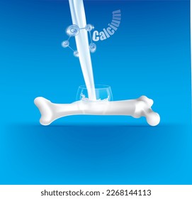 Realistic bone with calcium. Calcium mineral sign. Glossy drop pill capsule. Dietary supplement bone, medical, healthcare concept. Calcium effect, bone strengthening, exocytosis