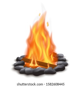 Realistic bonfire flame with stone footing and wood logs isolated on white background, fire energy vector illustration with transparent smoke and hot blaze.