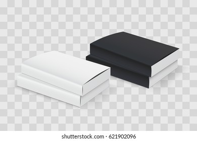 Realistic book blank cover set. Black and white template isolated on transparent checkered. Vector mock up