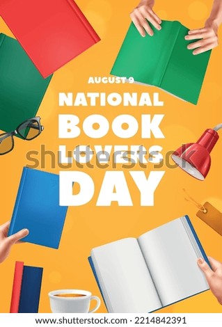 Realistic book lover day vertical poster with composition of editable text surrounded by hands and books vector illustration