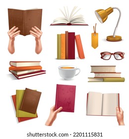 Realistic book lover icons set with bookstore and reading symbols isolated vector illustration