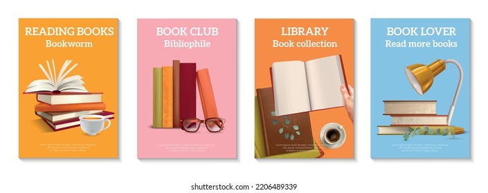 Realistic book lover poster set with four vertical backgrounds with text and images of desktop books vector illustration