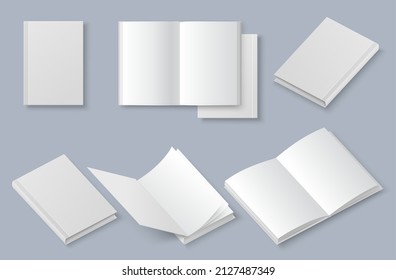 Realistic book mockup set, vector isolated illustration. White blank booklet, brochure, magazine cover. Hardcover, softcover or paperback book templates.