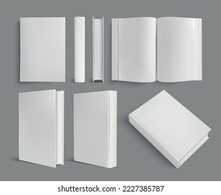 Realistic book mockup template with various side views of open and closed books with empty pages vector illustration