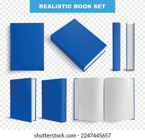 Conjunto transparente de burla de libros realista con imágenes aisladas de visiones de libros cubiertas de azul con diferentes ángulos ilustraciones vectoriales