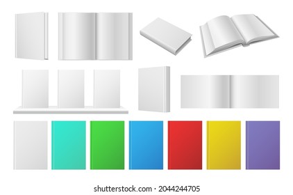 Realistic book mockup. White open books, color notebook covers. Isolated magazine, textbook, library vector set