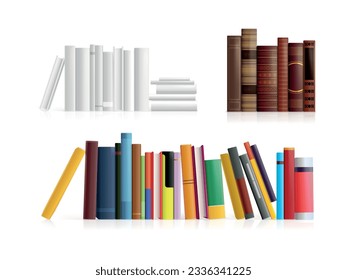 Realistic book row. 3d standing hardcover books with spine side view for office rack and library wall bookshelf old antique or new blank booklet mockup exact vector illustration of library in office