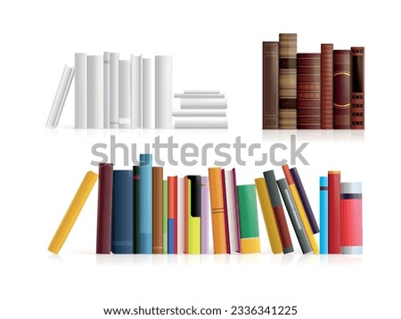 Realistic book row. 3d standing hardcover books with spine side view for office rack and library wall bookshelf old antique or new blank booklet mockup exact vector illustration of library in office