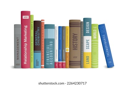 Realistic book row composition with isolated front view of colorful books back bones with editable text vector illustration