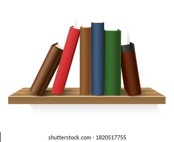 Realistic book stack in hardcover at shelf. Vector 3d diary, book pile, symbol of literature, knowledge and education. Online library, bookstore design. school and university symbol.