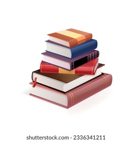 Realistic book stack. Stacked 3d books pile textbooks tower for read in school university library or bookstore publications stacking notebooks vector illustration of stack book realistic illustration