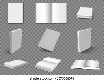 Realistic books. Blank book layouts, open and closed white brochure catalog or booklet surface. White books 3D vector illustration set. Catalog empty, cover realistic mockup