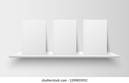 Realistic books with empty blank covers on bookshelf isolated on grey background. Mock up template for your design. Interior concept for library, school, office or home. Vector illustration