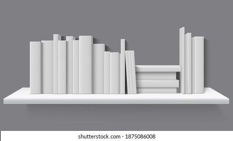 Realistic books on bookshelf. Library, home or school bookshelf, blank books stand in row. Blank book mockups vector illustration. Bookshelf library, shelf with books