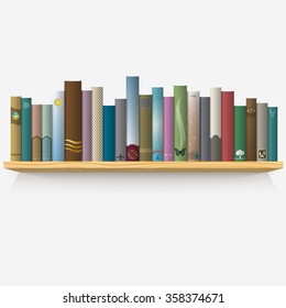 Realistic books on wooden shelf.