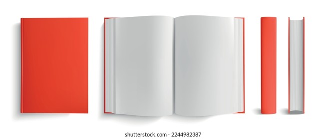 Realistic books set with isolated views of closed and open book with red cover and backbones vector illustration
